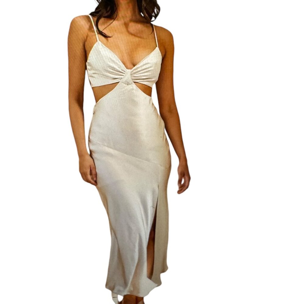 Leslie Selfie Acapulco Cami Strap Tied Back Satin Maxi Dress Champagne S…